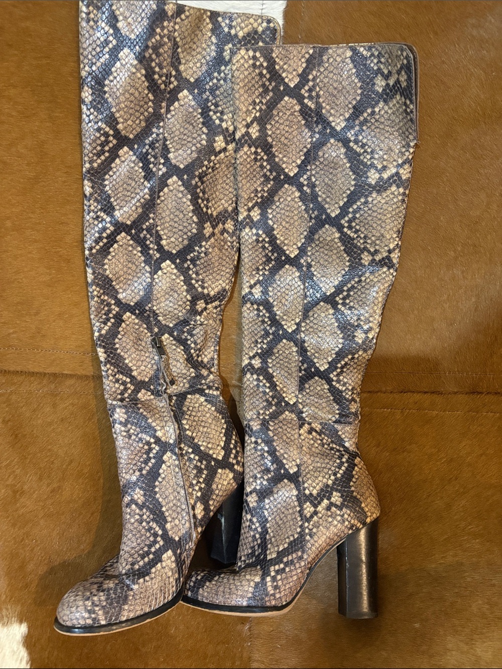 Sam Edelman Over-the-Knee Snake Print Boots in Taupe and Black